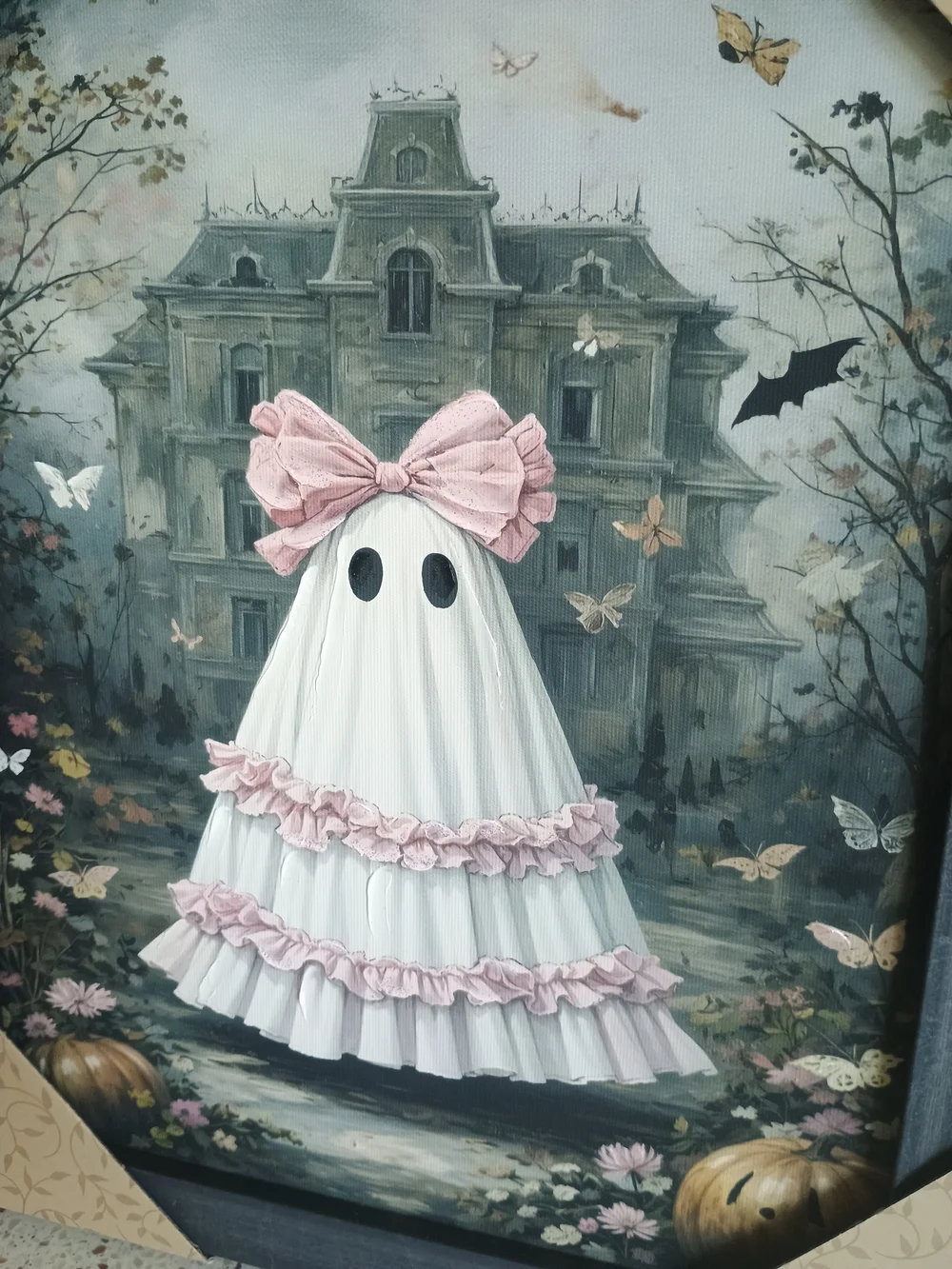 Framed Ghost Artwork with Pink Ruffles and Bow